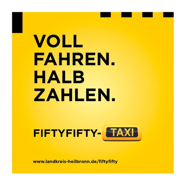 Schon gewusst? Wenn Du zwischen 16 und 25 Jahre alt bist, zahlst Du an Wochenenden und Feiertagen zwischen 0 und 6 Uhr nur 50% der Taxi-Kosten. Weitere Infos unter www.landkreis-heilbronn.de/fiftyfifty oder direkt in der App FiftyFifty-Taxi Landkreis Heilbronn